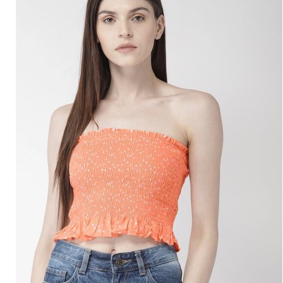 Forever 21 Peach & White Polka Dot Printed Crop Tube Top Womens Size Medium - Picture 1 of 5